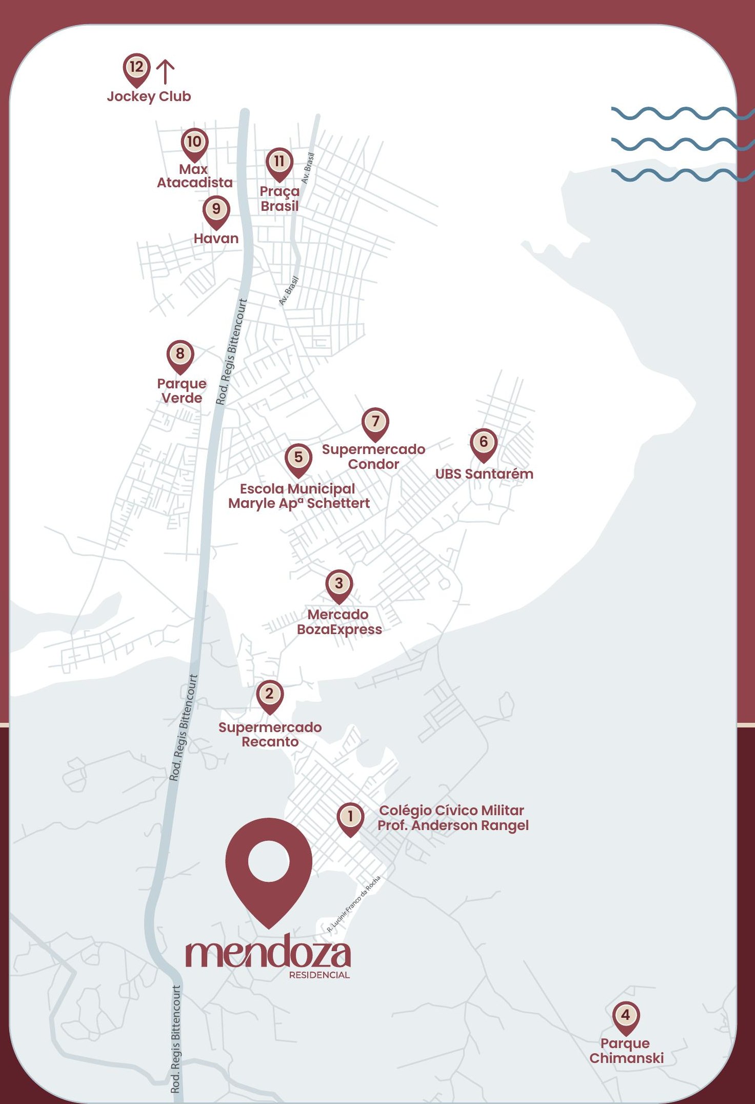Mapa oficial com os pontos de referência ao redor do Mendoza Residencial