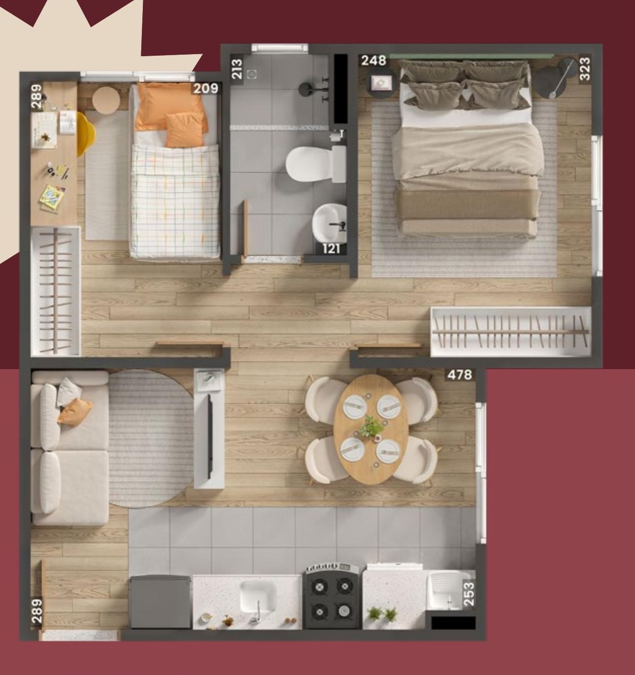 Planta baixa oficial do apartamento de 2 quartos do Mendoza Residencial